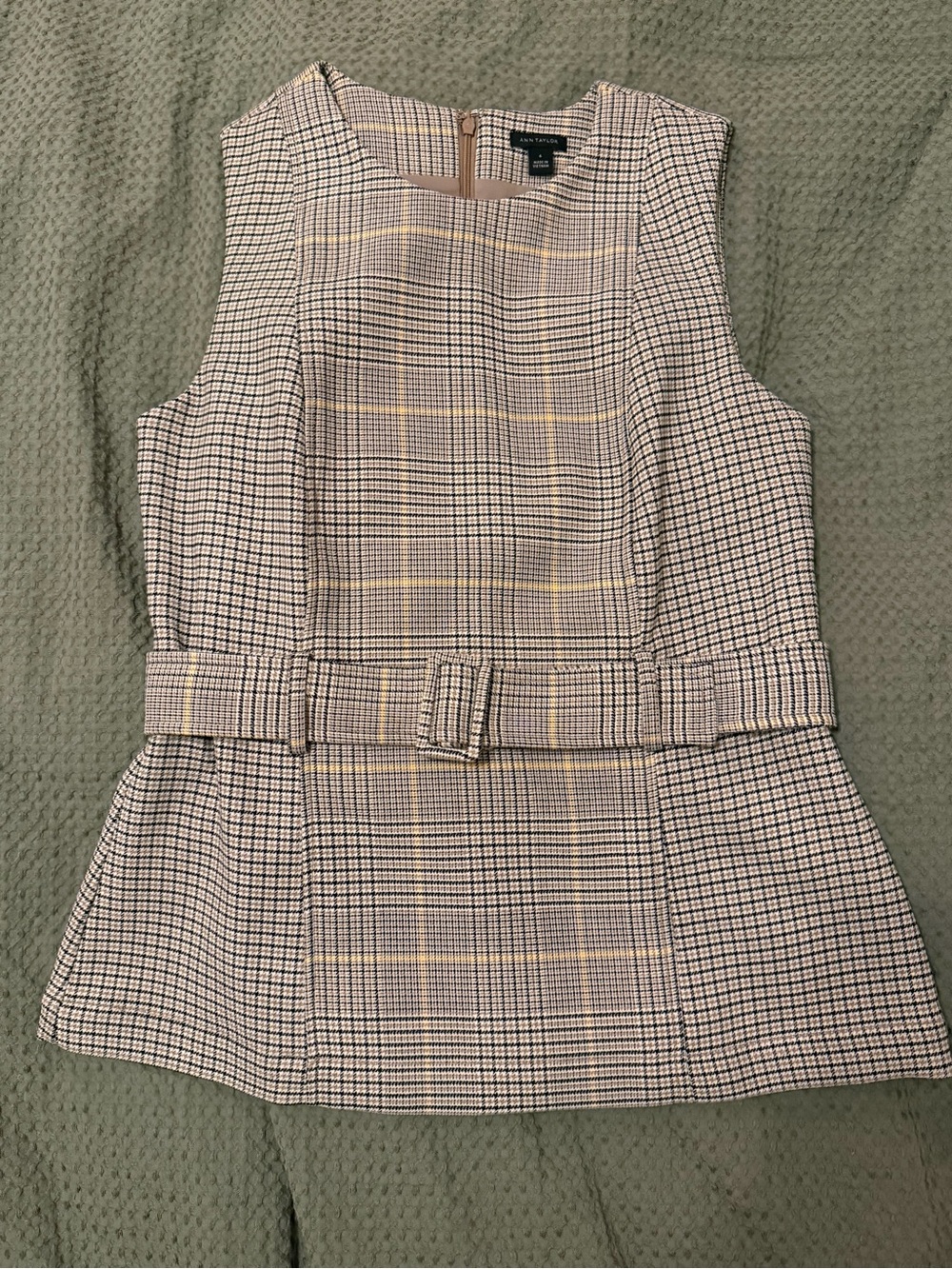 Ann Taylor Plaid Sleeveless Peplum Top with Belt - Cream, Black, Yellow